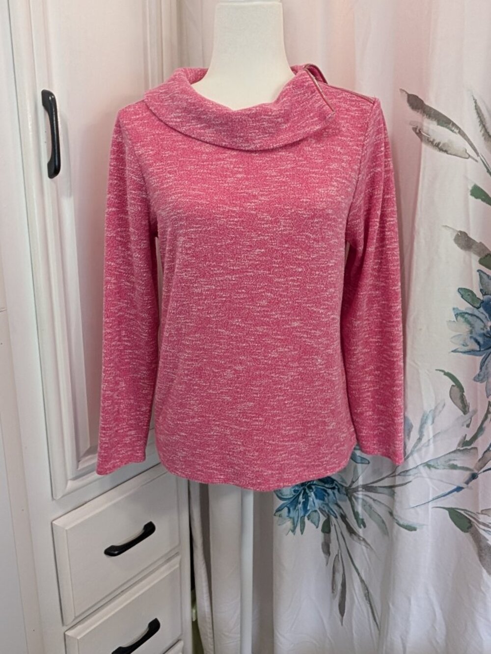 Chico's Envelope Zip Neck Cowl Athleisure Relaxed Fit Marled Knit Pink Sweater M